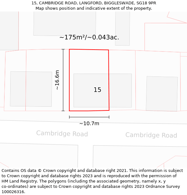 15, CAMBRIDGE ROAD, LANGFORD, BIGGLESWADE, SG18 9PR: Plot and title map