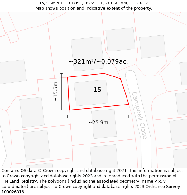 15, CAMPBELL CLOSE, ROSSETT, WREXHAM, LL12 0HZ: Plot and title map