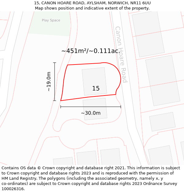 15, CANON HOARE ROAD, AYLSHAM, NORWICH, NR11 6UU: Plot and title map