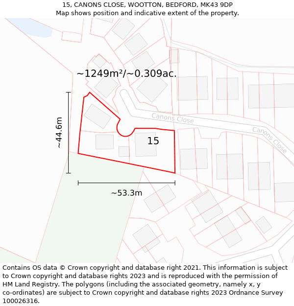 15, CANONS CLOSE, WOOTTON, BEDFORD, MK43 9DP: Plot and title map