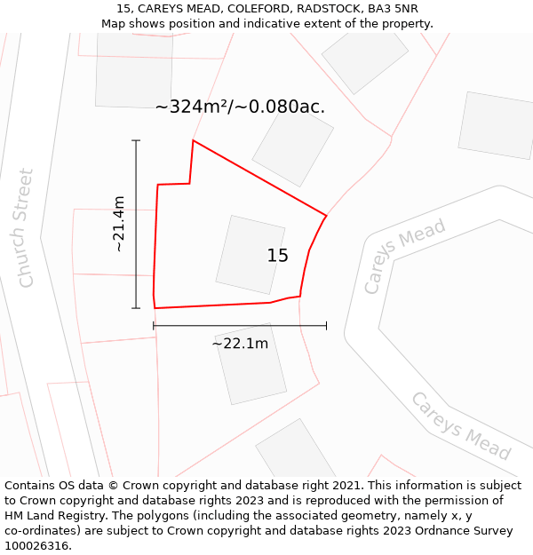 15, CAREYS MEAD, COLEFORD, RADSTOCK, BA3 5NR: Plot and title map