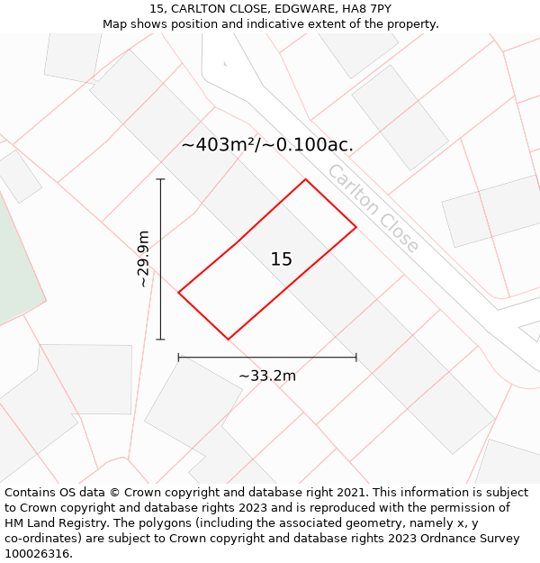 15, CARLTON CLOSE, EDGWARE, HA8 7PY: Plot and title map