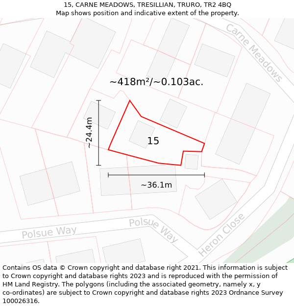 15, CARNE MEADOWS, TRESILLIAN, TRURO, TR2 4BQ: Plot and title map