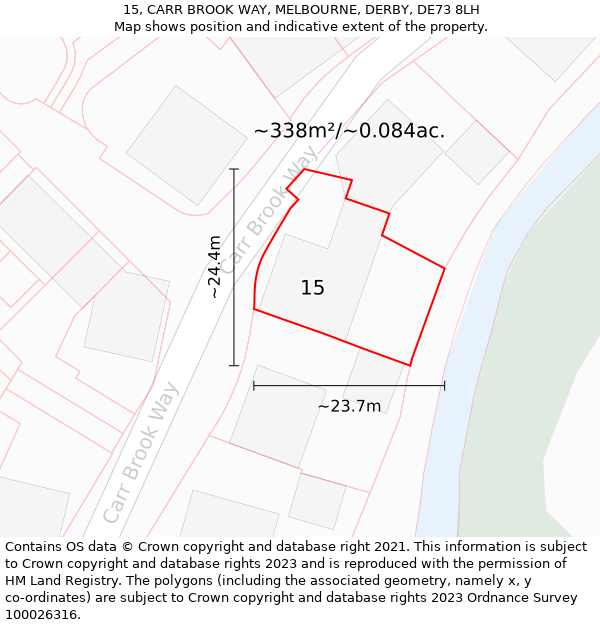 15, CARR BROOK WAY, MELBOURNE, DERBY, DE73 8LH: Plot and title map