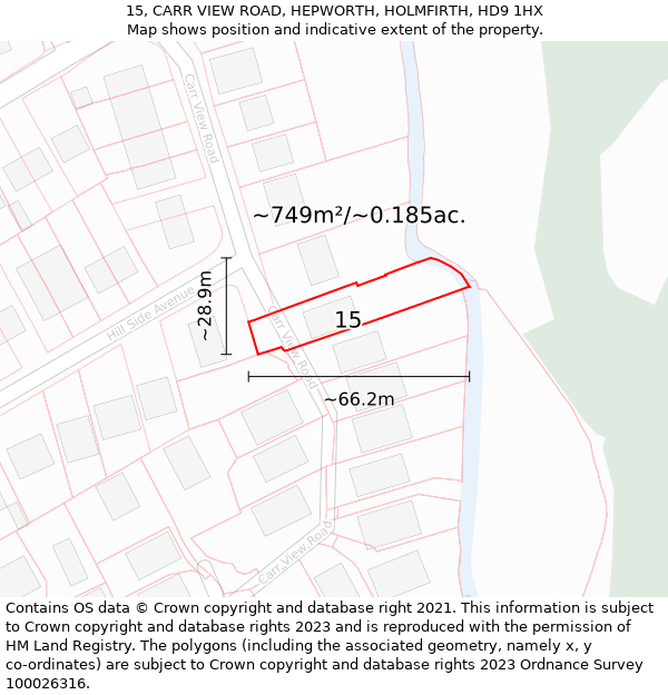 15, CARR VIEW ROAD, HEPWORTH, HOLMFIRTH, HD9 1HX: Plot and title map