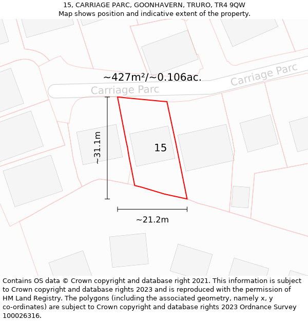 15, CARRIAGE PARC, GOONHAVERN, TRURO, TR4 9QW: Plot and title map