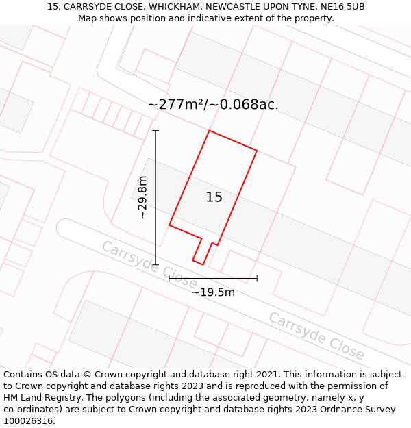 15, CARRSYDE CLOSE, WHICKHAM, NEWCASTLE UPON TYNE, NE16 5UB: Plot and title map