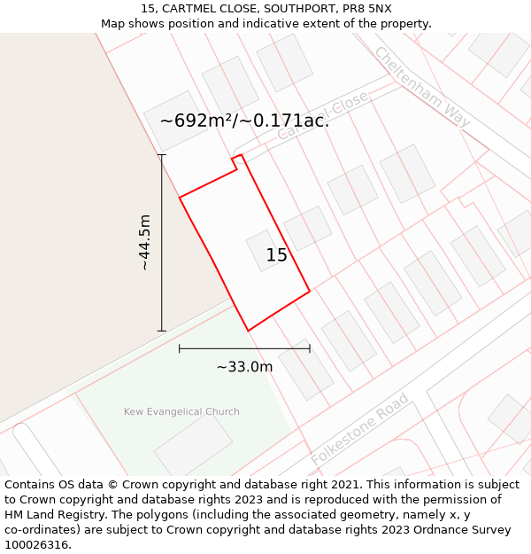 15, CARTMEL CLOSE, SOUTHPORT, PR8 5NX: Plot and title map