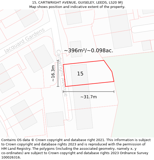 15, CARTWRIGHT AVENUE, GUISELEY, LEEDS, LS20 9FJ: Plot and title map