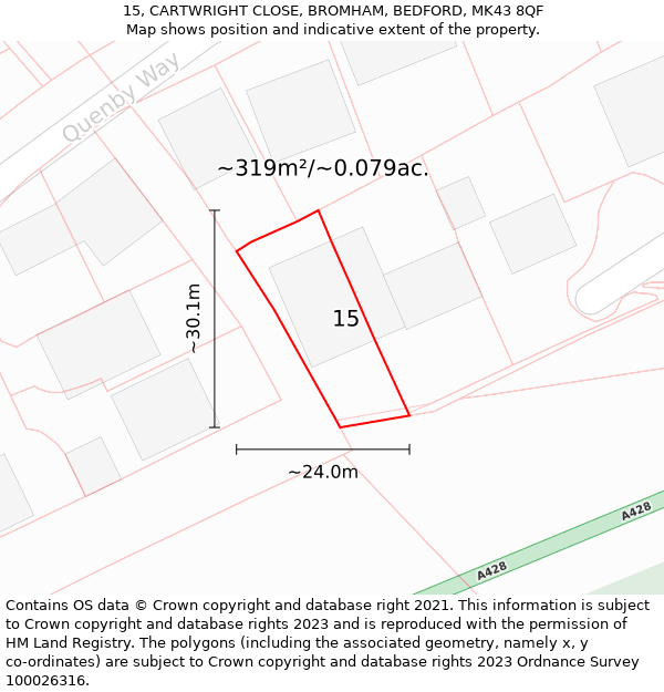 15, CARTWRIGHT CLOSE, BROMHAM, BEDFORD, MK43 8QF: Plot and title map