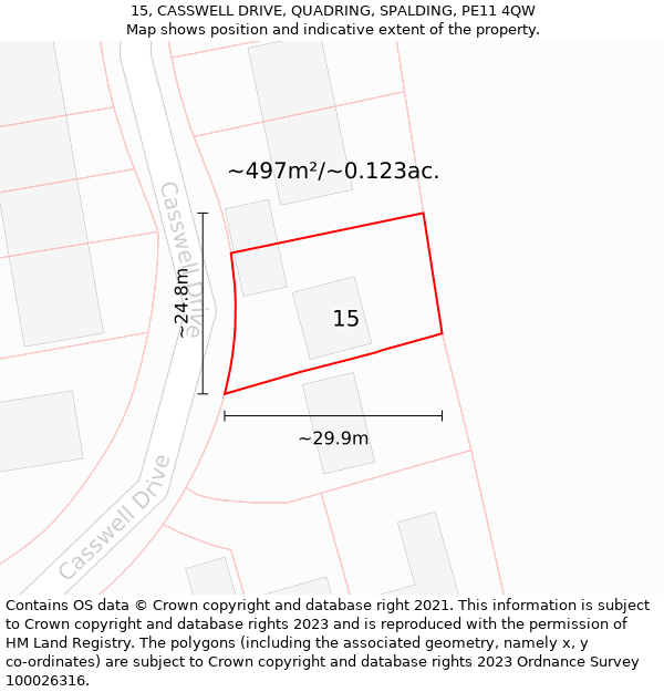 15, CASSWELL DRIVE, QUADRING, SPALDING, PE11 4QW: Plot and title map