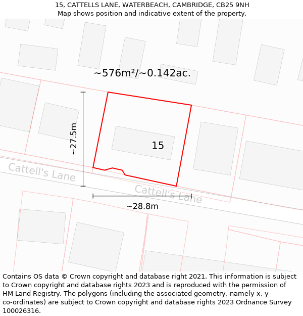 15, CATTELLS LANE, WATERBEACH, CAMBRIDGE, CB25 9NH: Plot and title map