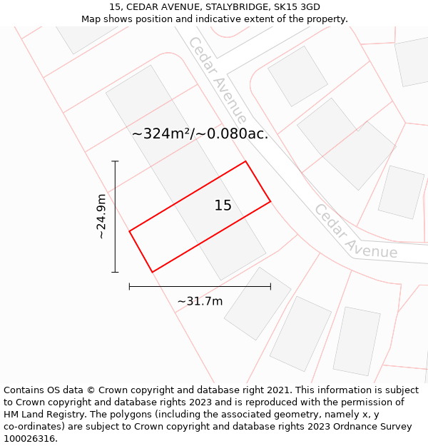 15, CEDAR AVENUE, STALYBRIDGE, SK15 3GD: Plot and title map