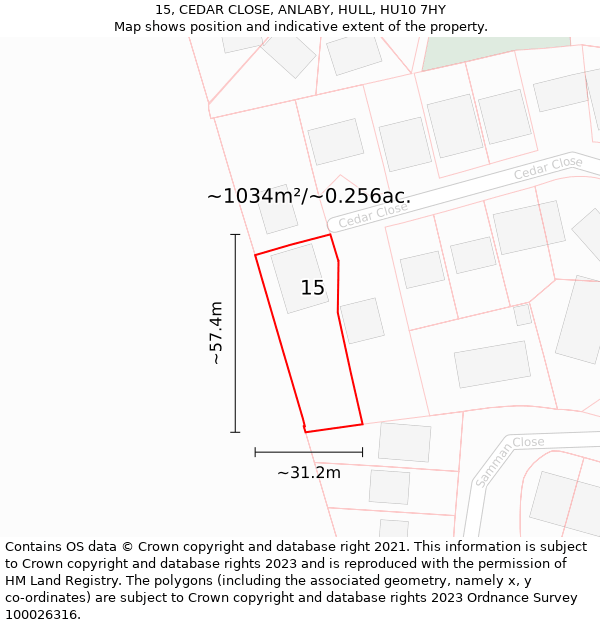 15, CEDAR CLOSE, ANLABY, HULL, HU10 7HY: Plot and title map