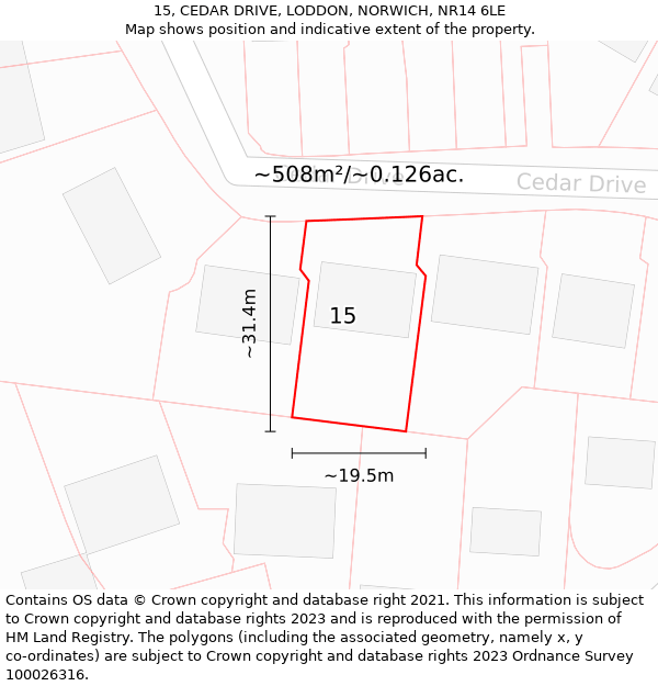 15, CEDAR DRIVE, LODDON, NORWICH, NR14 6LE: Plot and title map