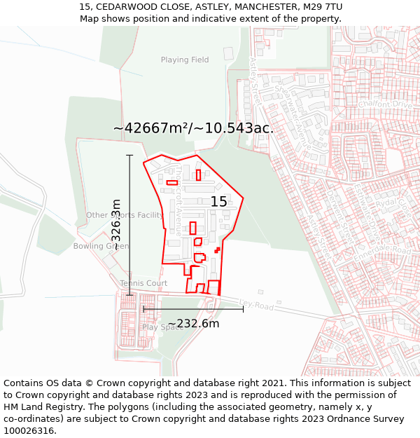 15, CEDARWOOD CLOSE, ASTLEY, MANCHESTER, M29 7TU: Plot and title map