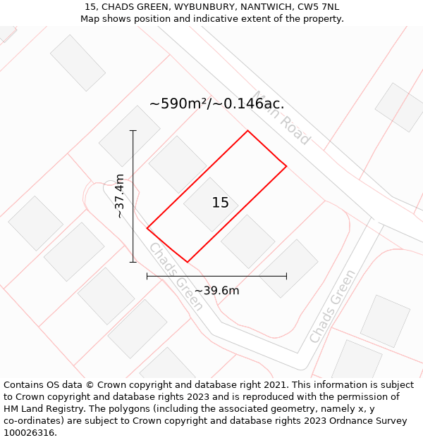 15, CHADS GREEN, WYBUNBURY, NANTWICH, CW5 7NL: Plot and title map