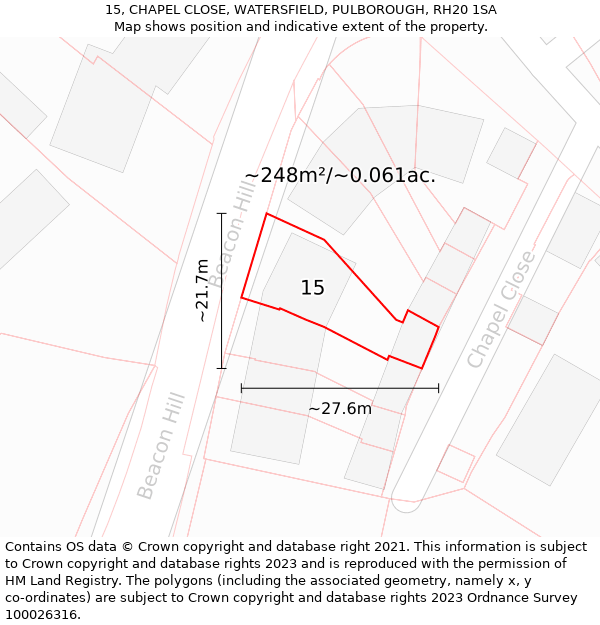 15, CHAPEL CLOSE, WATERSFIELD, PULBOROUGH, RH20 1SA: Plot and title map