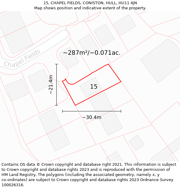 15, CHAPEL FIELDS, CONISTON, HULL, HU11 4JN: Plot and title map