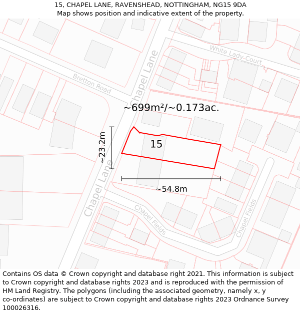 15, CHAPEL LANE, RAVENSHEAD, NOTTINGHAM, NG15 9DA: Plot and title map