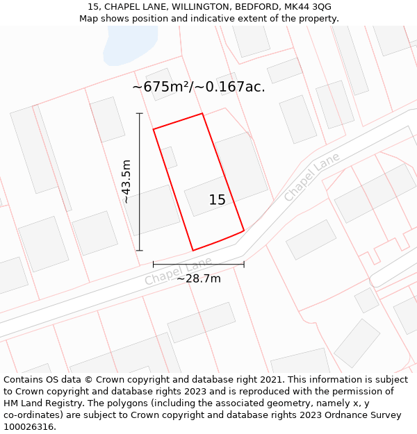 15, CHAPEL LANE, WILLINGTON, BEDFORD, MK44 3QG: Plot and title map