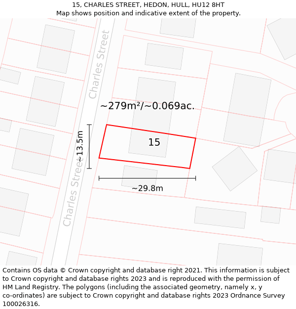 15, CHARLES STREET, HEDON, HULL, HU12 8HT: Plot and title map