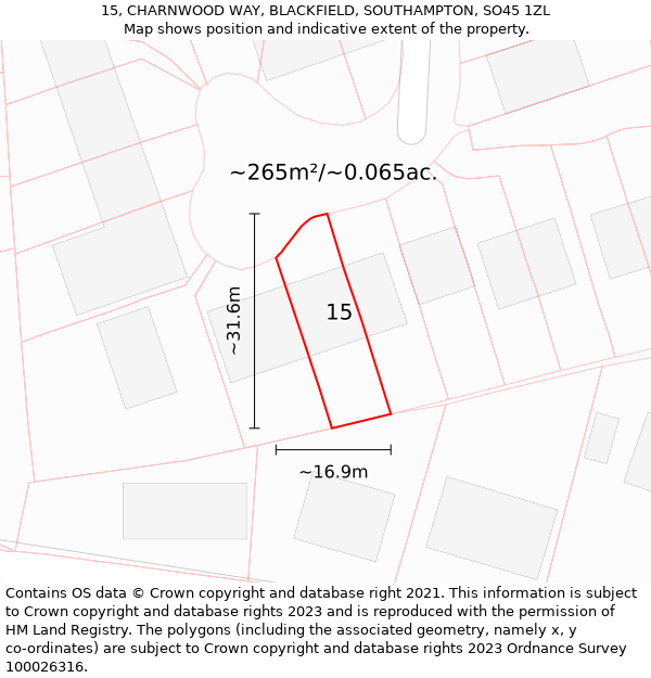 15, CHARNWOOD WAY, BLACKFIELD, SOUTHAMPTON, SO45 1ZL: Plot and title map