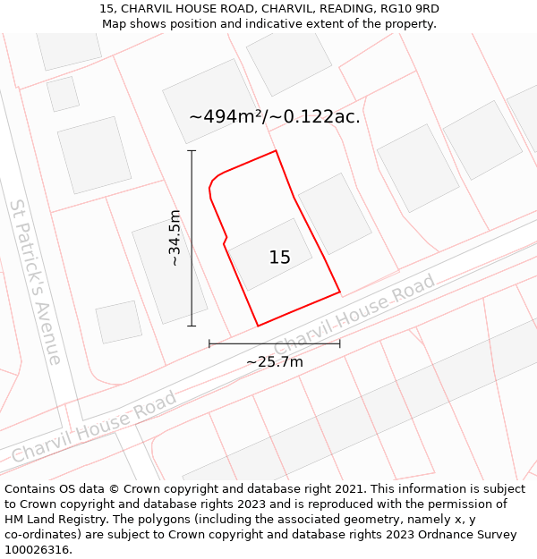 15, CHARVIL HOUSE ROAD, CHARVIL, READING, RG10 9RD: Plot and title map