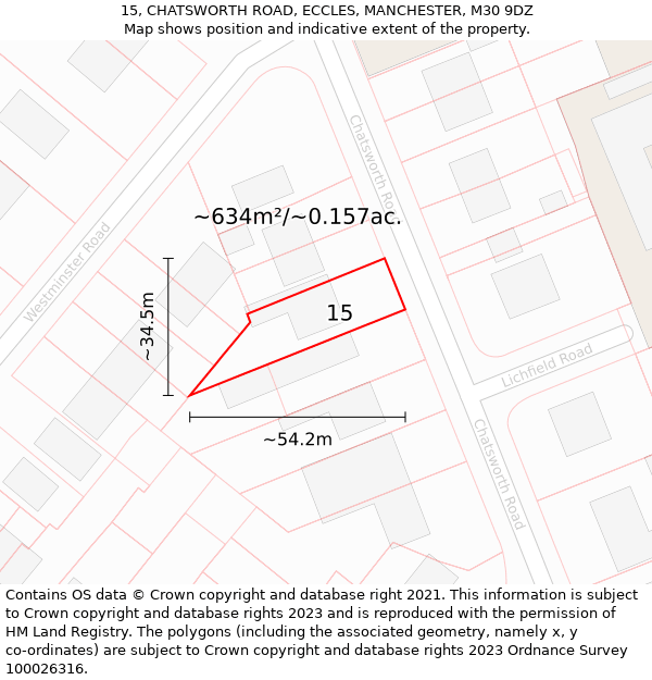 15, CHATSWORTH ROAD, ECCLES, MANCHESTER, M30 9DZ: Plot and title map