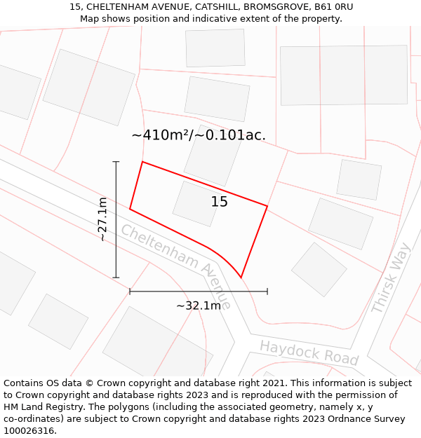 15, CHELTENHAM AVENUE, CATSHILL, BROMSGROVE, B61 0RU: Plot and title map