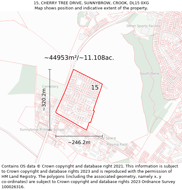 15, CHERRY TREE DRIVE, SUNNYBROW, CROOK, DL15 0XG: Plot and title map