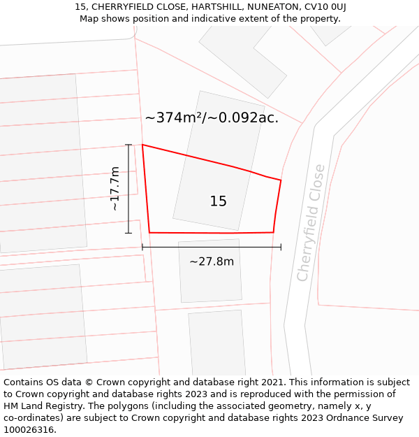 15, CHERRYFIELD CLOSE, HARTSHILL, NUNEATON, CV10 0UJ: Plot and title map