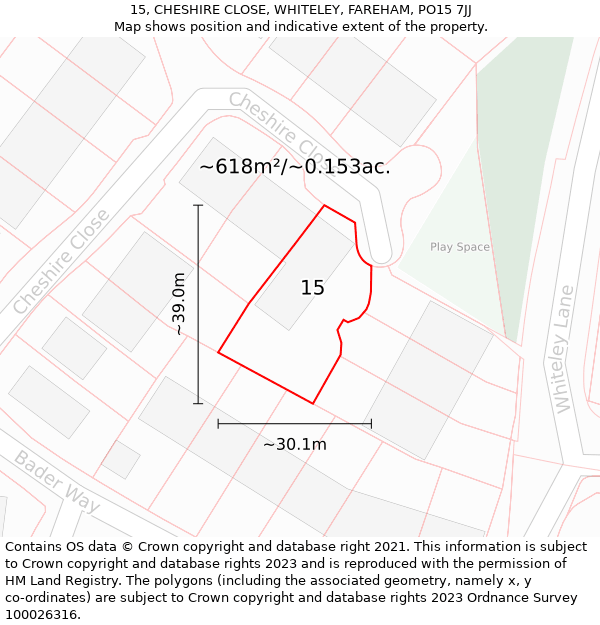 15, CHESHIRE CLOSE, WHITELEY, FAREHAM, PO15 7JJ: Plot and title map