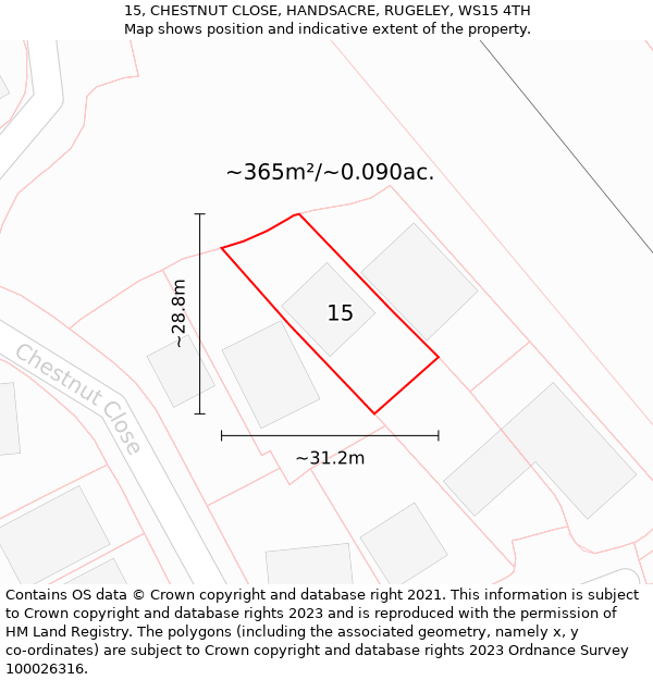 15, CHESTNUT CLOSE, HANDSACRE, RUGELEY, WS15 4TH: Plot and title map