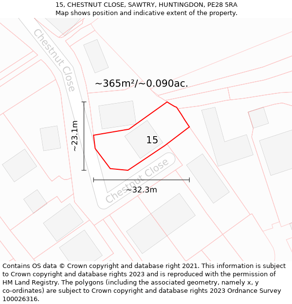 15, CHESTNUT CLOSE, SAWTRY, HUNTINGDON, PE28 5RA: Plot and title map