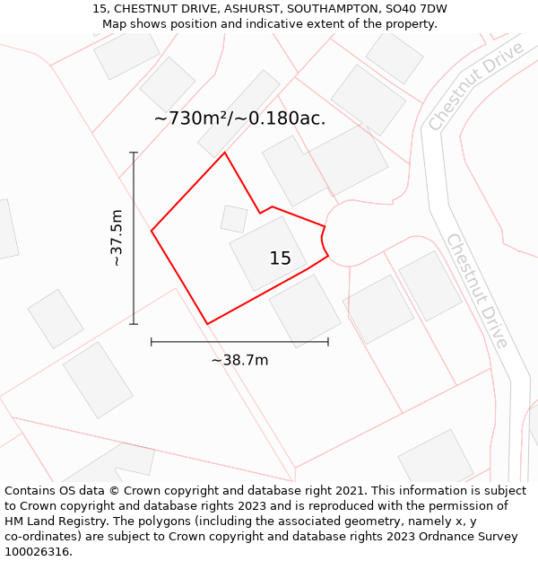 15, CHESTNUT DRIVE, ASHURST, SOUTHAMPTON, SO40 7DW: Plot and title map