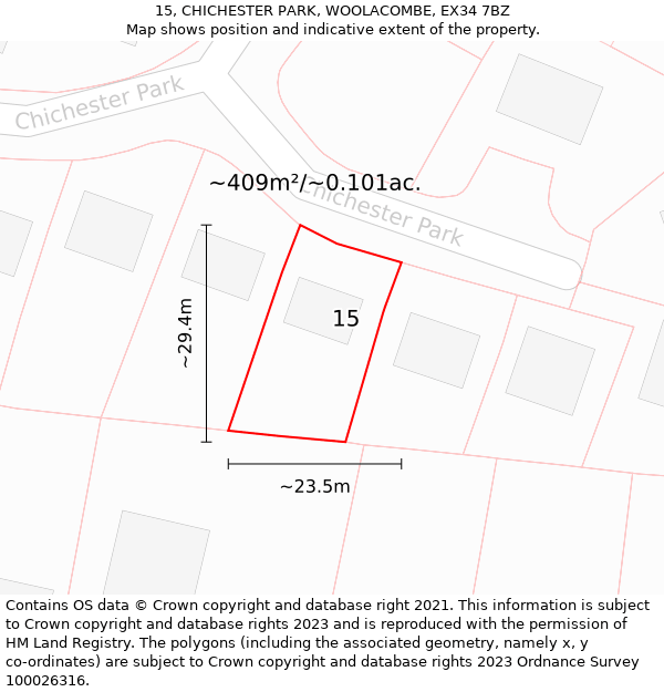 15, CHICHESTER PARK, WOOLACOMBE, EX34 7BZ: Plot and title map