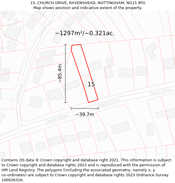 15, CHURCH DRIVE, RAVENSHEAD, NOTTINGHAM, NG15 9FG: Plot and title map