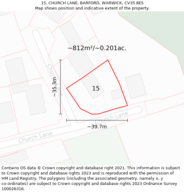 15, CHURCH LANE, BARFORD, WARWICK, CV35 8ES: Plot and title map