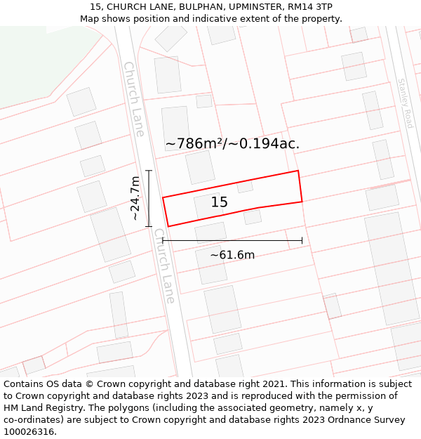 15, CHURCH LANE, BULPHAN, UPMINSTER, RM14 3TP: Plot and title map