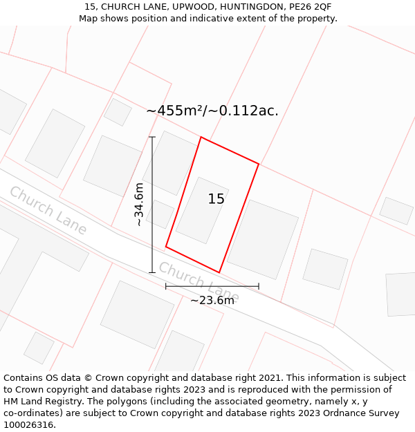 15, CHURCH LANE, UPWOOD, HUNTINGDON, PE26 2QF: Plot and title map