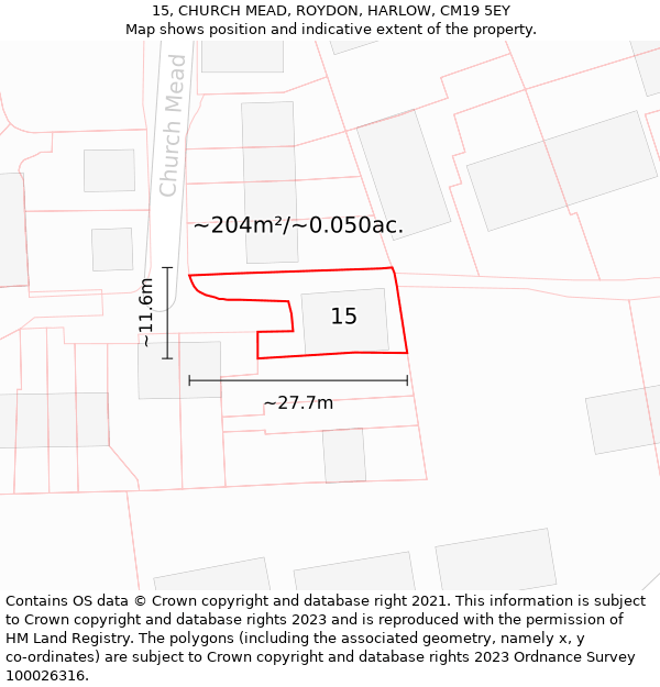 15, CHURCH MEAD, ROYDON, HARLOW, CM19 5EY: Plot and title map