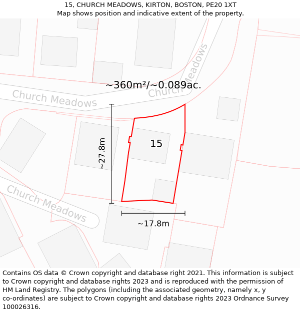 15, CHURCH MEADOWS, KIRTON, BOSTON, PE20 1XT: Plot and title map