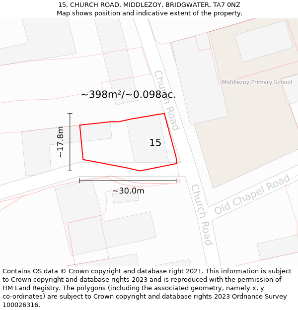 15, CHURCH ROAD, MIDDLEZOY, BRIDGWATER, TA7 0NZ: Plot and title map