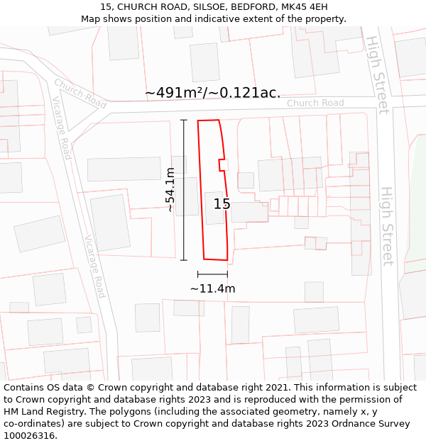 15, CHURCH ROAD, SILSOE, BEDFORD, MK45 4EH: Plot and title map