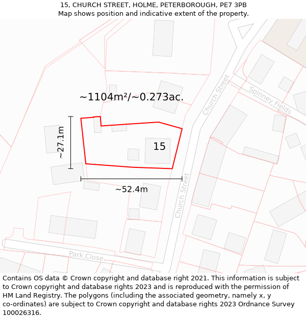 15, CHURCH STREET, HOLME, PETERBOROUGH, PE7 3PB: Plot and title map