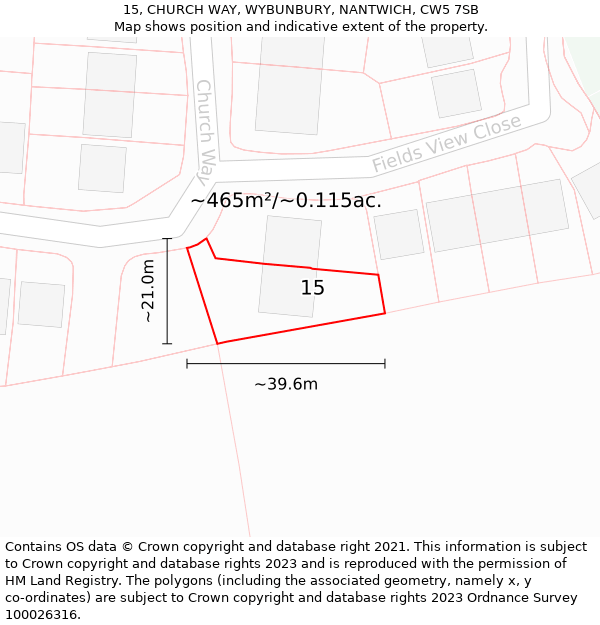 15, CHURCH WAY, WYBUNBURY, NANTWICH, CW5 7SB: Plot and title map