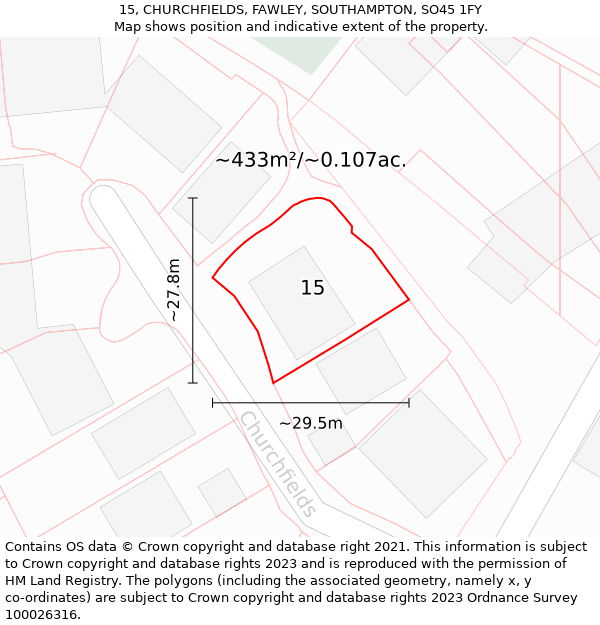 15, CHURCHFIELDS, FAWLEY, SOUTHAMPTON, SO45 1FY: Plot and title map