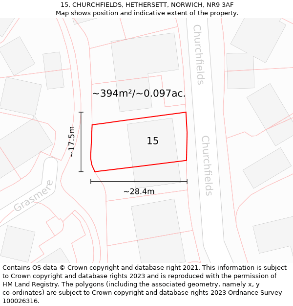 15, CHURCHFIELDS, HETHERSETT, NORWICH, NR9 3AF: Plot and title map