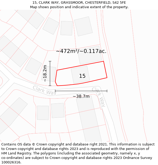 15, CLARK WAY, GRASSMOOR, CHESTERFIELD, S42 5FE: Plot and title map